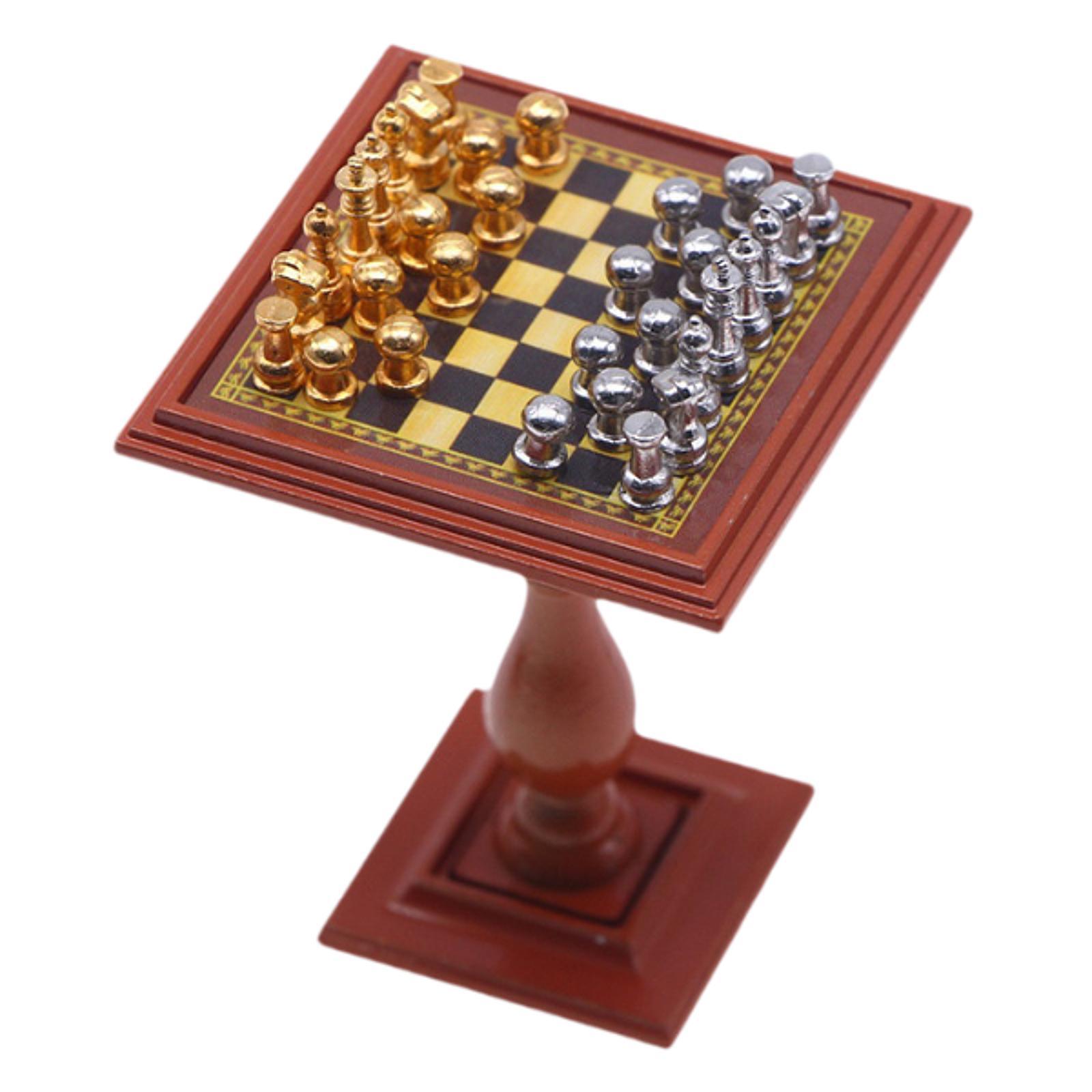 Chess Set Wooden - Dollhouse Miniature Chess Set Desktop Miniatures